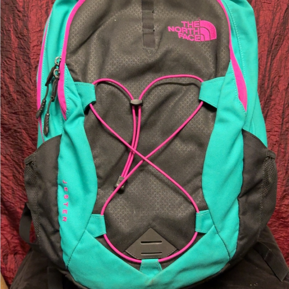 The North Face Teal and Black Backpack with Pink Accents